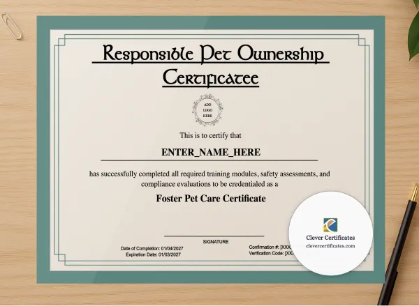 Professional preview of Responsible Pet Ownership Certificate certificate on high-quality stationery paper, ideal for showcasing the final look.