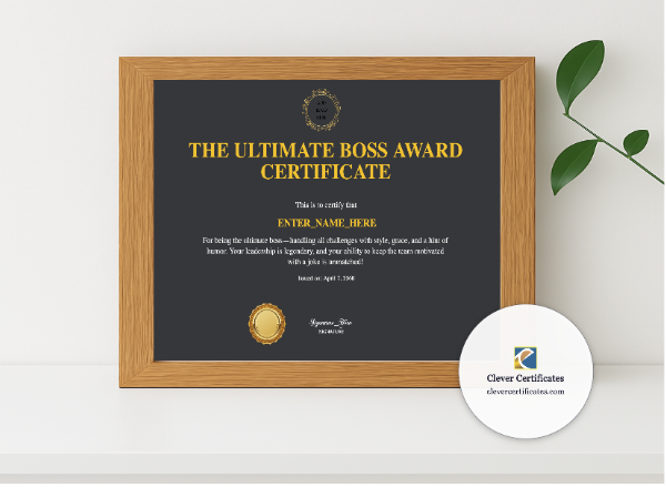 Realistic mockup featuring Boss Day Appreciation Certificate displayed within a modern frame, set against a minimalistic background.