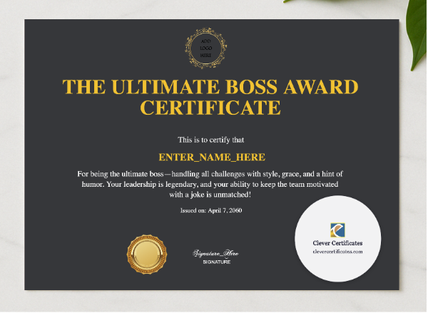 Boss Day Appreciation Certificate presented in a sleek wooden frame, elegantly arranged on a stylish table.