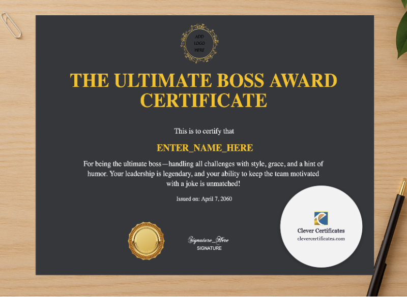 Professional preview of Boss Day Appreciation Certificate certificate on high-quality stationery paper, ideal for showcasing the final look.
