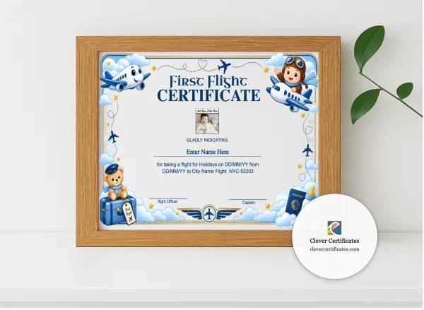 Realistic mockup featuring First Flight Completion Certificate displayed within a modern frame, set against a minimalistic background.