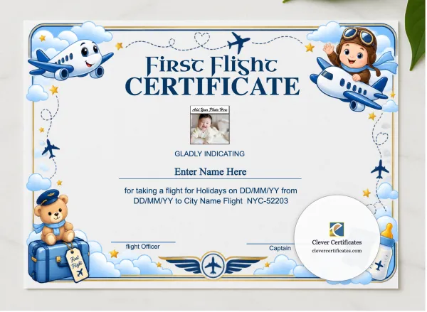 First Flight Completion Certificate presented in a sleek wooden frame, elegantly arranged on a stylish table.