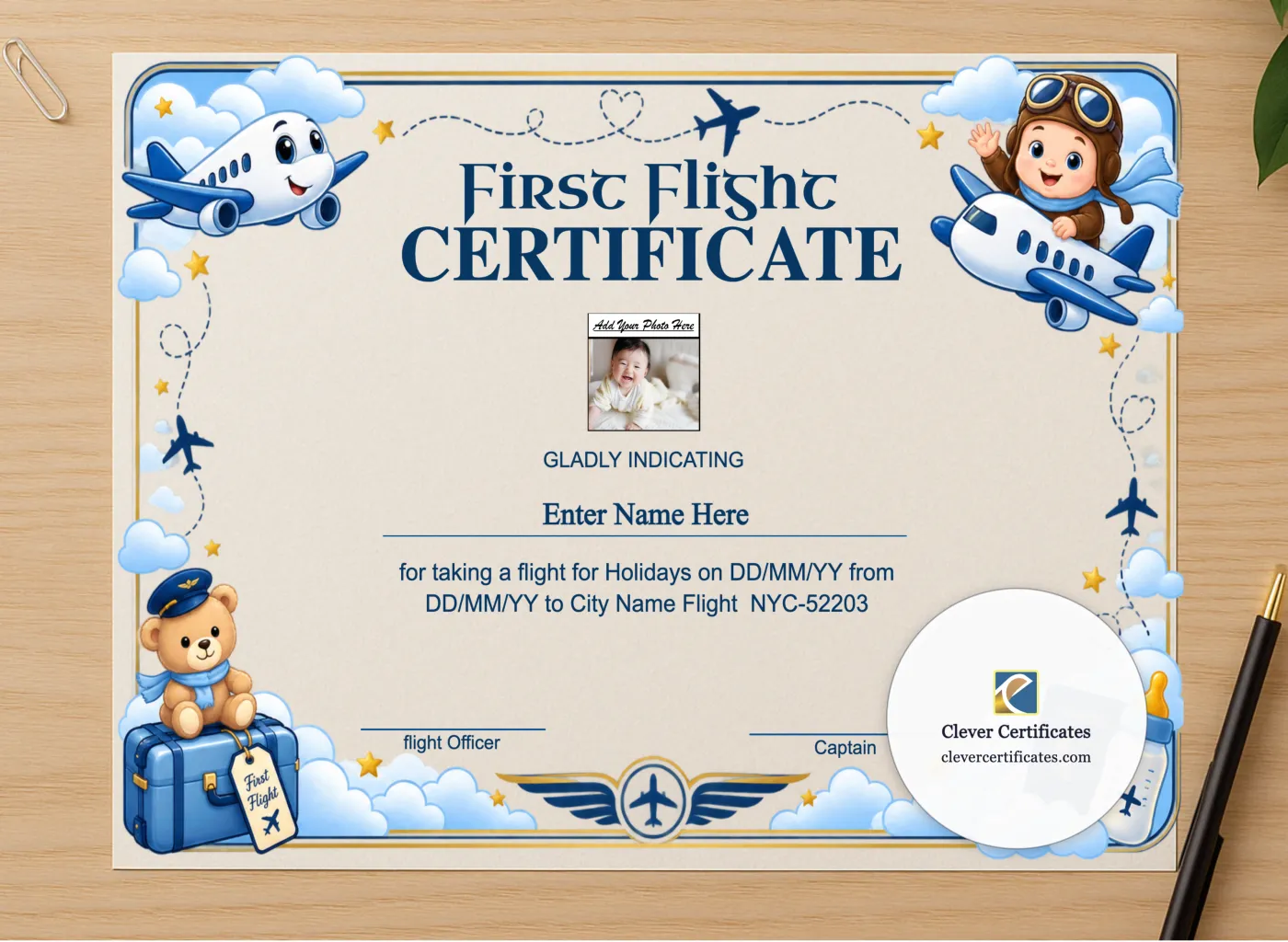 Professional preview of First Flight Completion Certificate certificate on high-quality stationery paper, ideal for showcasing the final look.