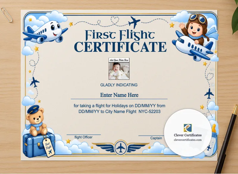Professional preview of First Flight Completion Certificate certificate on high-quality stationery paper, ideal for showcasing the final look.