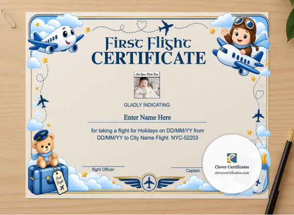 Professional preview of First Flight Completion Certificate certificate on high-quality stationery paper, ideal for showcasing the final look.