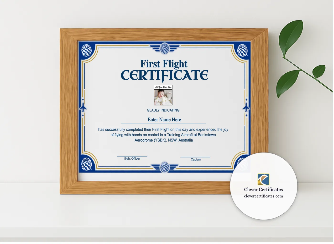 Realistic mockup featuring First Flight Completion Certificate Australia displayed within a modern frame, set against a minimalistic background.