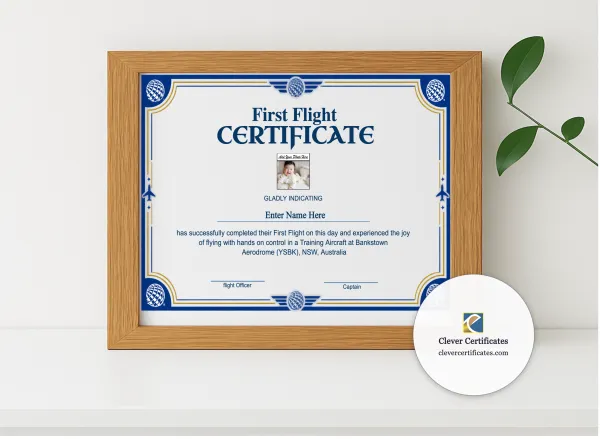 Realistic mockup featuring First Flight Completion Certificate Australia displayed within a modern frame, set against a minimalistic background.