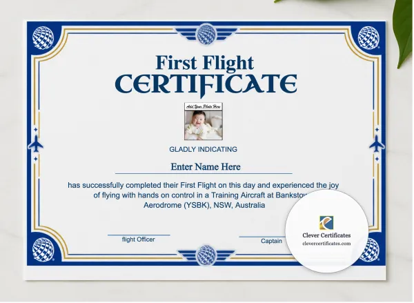 First Flight Completion Certificate Australia presented in a sleek wooden frame, elegantly arranged on a stylish table.