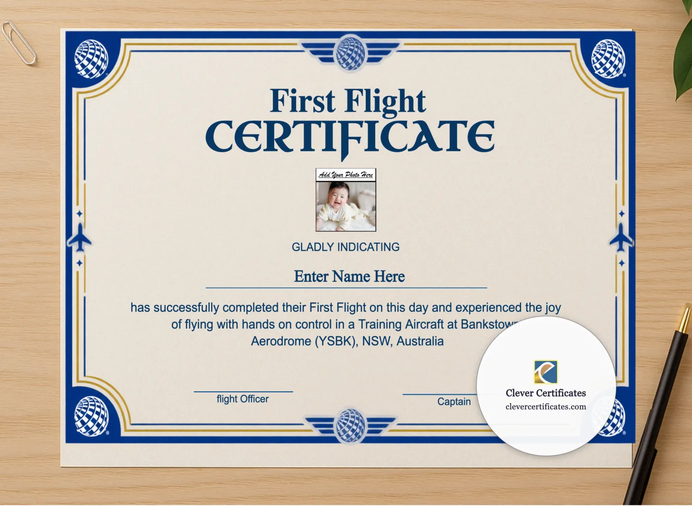 Professional preview of First Flight Completion Certificate Australia certificate on high-quality stationery paper, ideal for showcasing the final look.