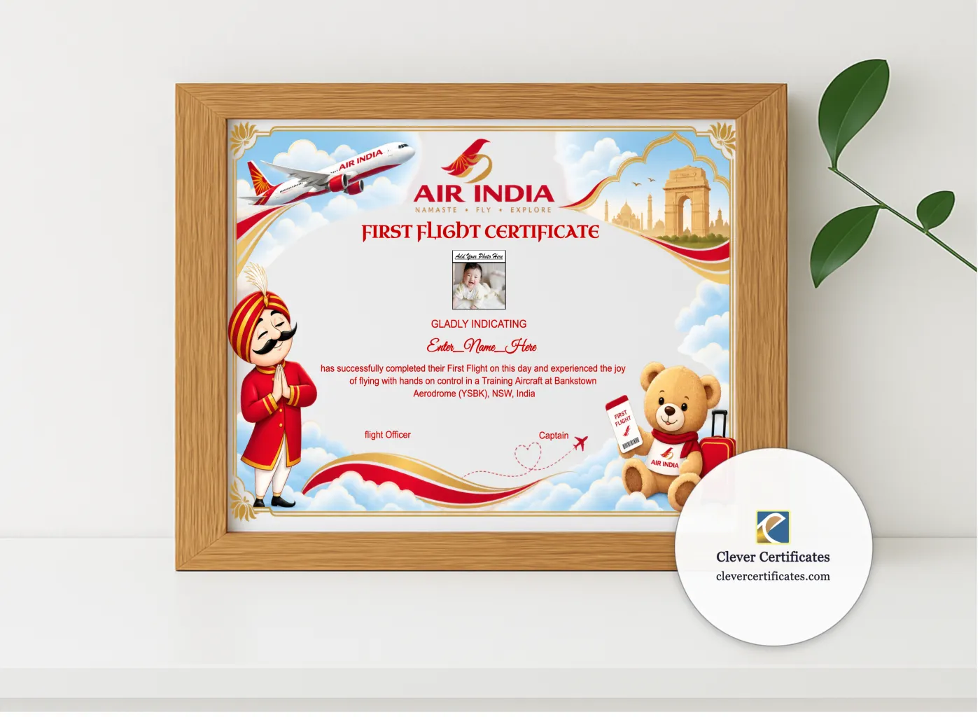 Realistic mockup featuring First Flight Certificate India displayed within a modern frame, set against a minimalistic background.