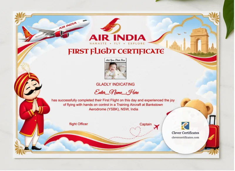 First Flight Certificate India presented in a sleek wooden frame, elegantly arranged on a stylish table.