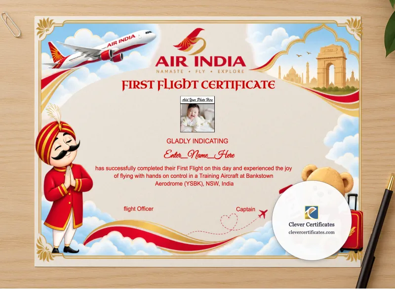 Professional preview of First Flight Certificate India certificate on high-quality stationery paper, ideal for showcasing the final look.