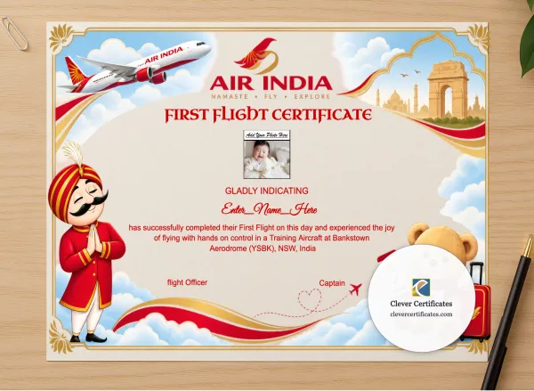 Professional preview of First Flight Certificate India certificate on high-quality stationery paper, ideal for showcasing the final look.