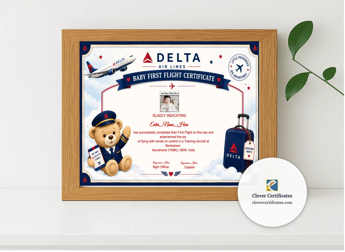 Realistic mockup featuring Delta Air Lines First Flight Certificate displayed within a modern frame, set against a minimalistic background.