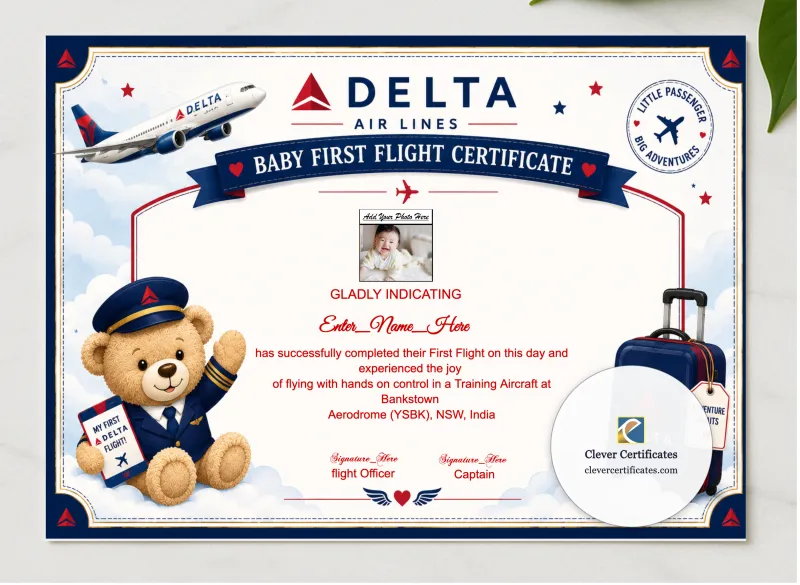 Delta Air Lines First Flight Certificate presented in a sleek wooden frame, elegantly arranged on a stylish table.