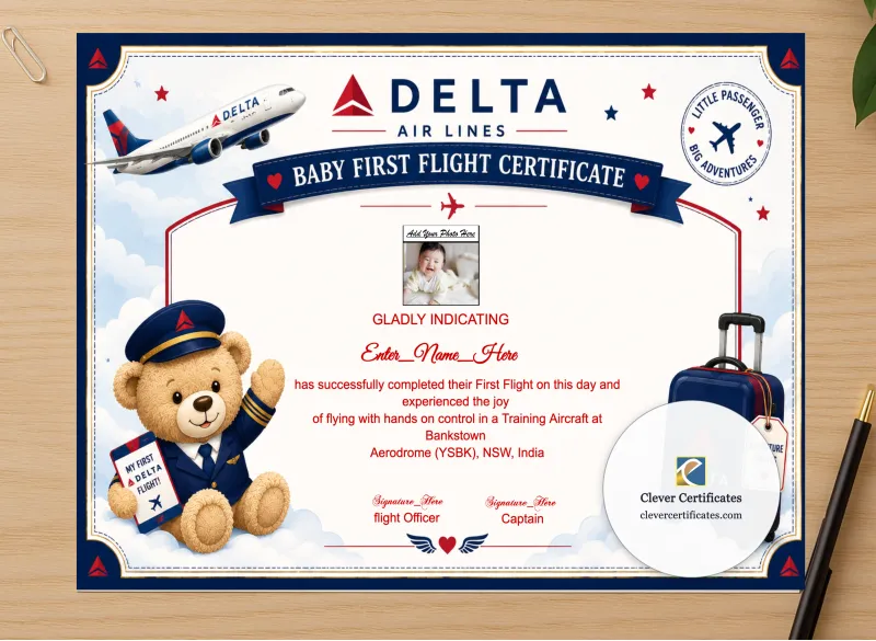 Professional preview of Delta Air Lines First Flight Certificate certificate on high-quality stationery paper, ideal for showcasing the final look.