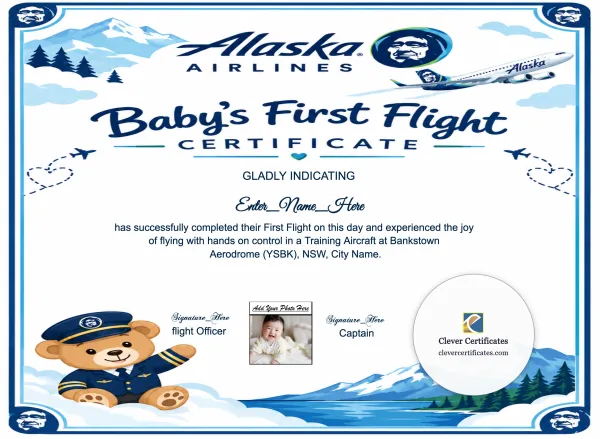 Printable Alaska Airlines First Flight Certificate Template