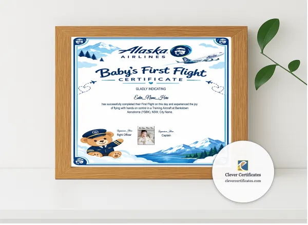 Realistic mockup featuring Alaska Airlines First Flight Certificate displayed within a modern frame, set against a minimalistic background.