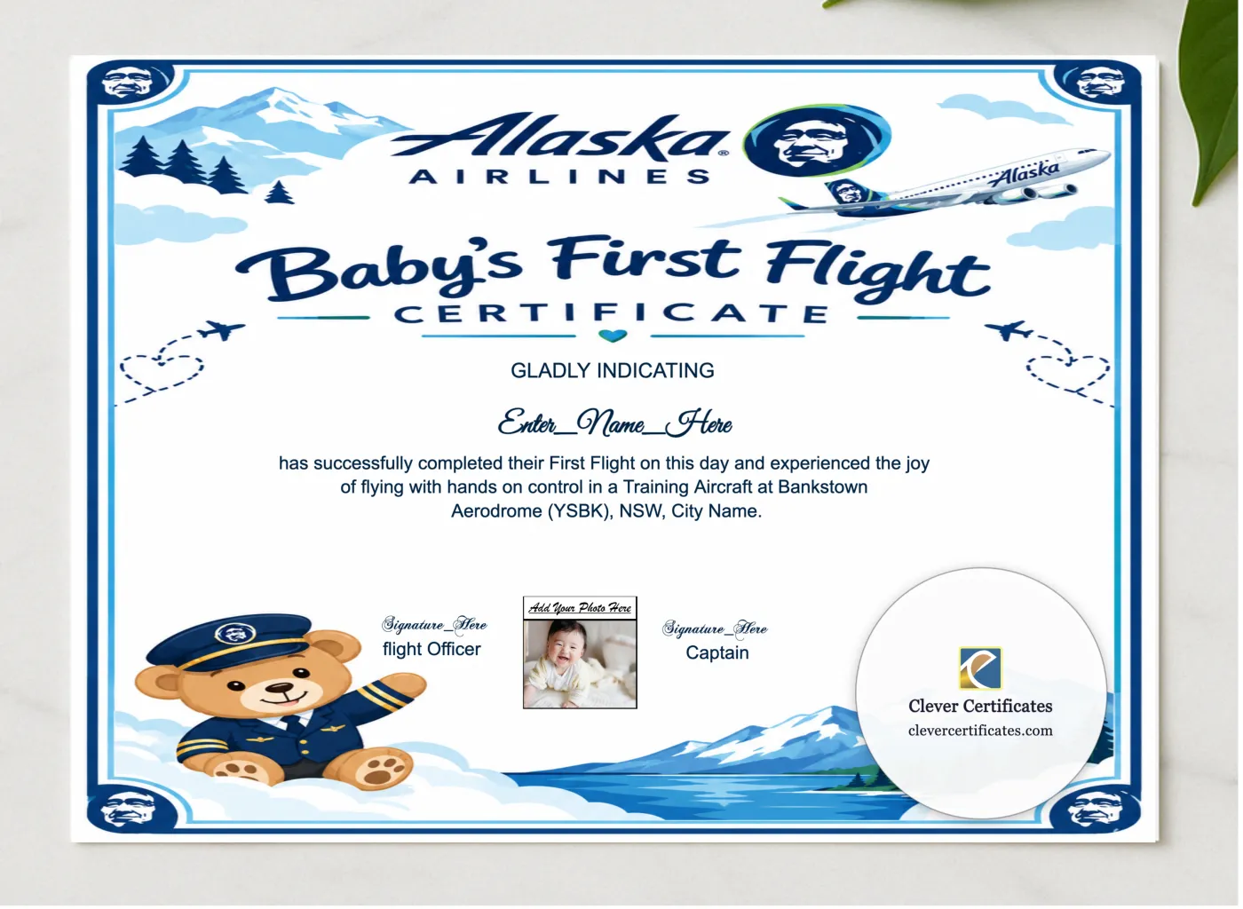 Alaska Airlines First Flight Certificate presented in a sleek wooden frame, elegantly arranged on a stylish table.
