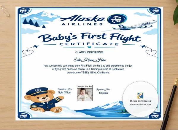 Professional preview of Alaska Airlines First Flight Certificate certificate on high-quality stationery paper, ideal for showcasing the final look.