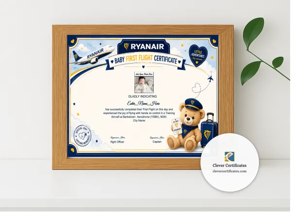 Realistic mockup featuring Ryanair First Flight Certificate displayed within a modern frame, set against a minimalistic background.