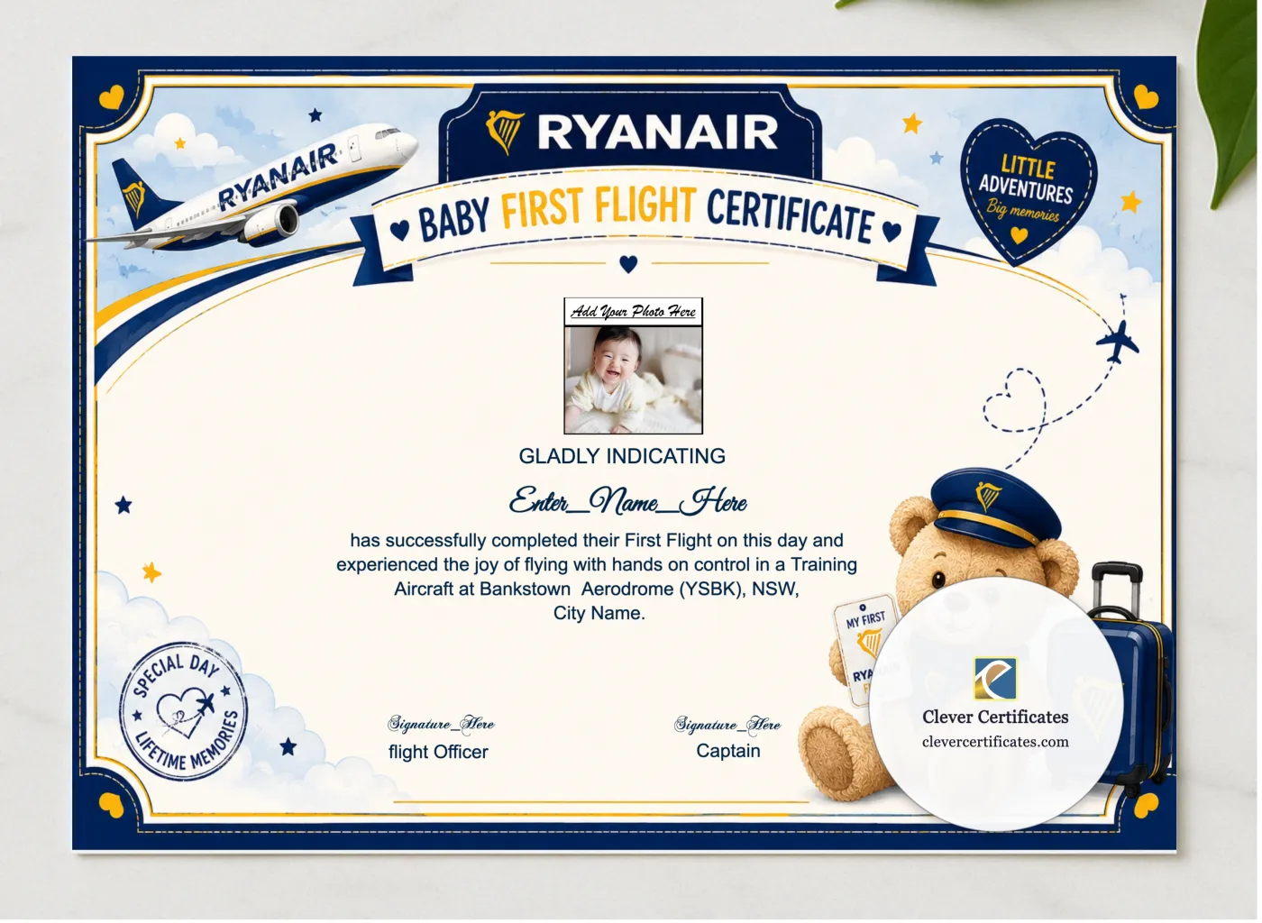 Ryanair First Flight Certificate presented in a sleek wooden frame, elegantly arranged on a stylish table.