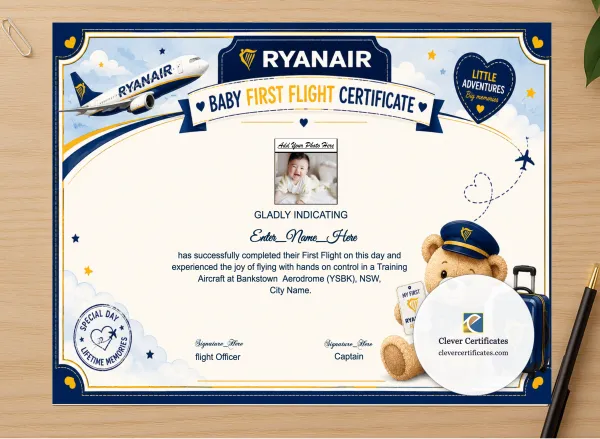 Professional preview of Ryanair First Flight Certificate certificate on high-quality stationery paper, ideal for showcasing the final look.