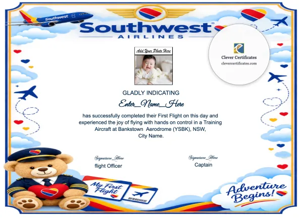 Printable Southwest Airlines First Flight Certificate Template