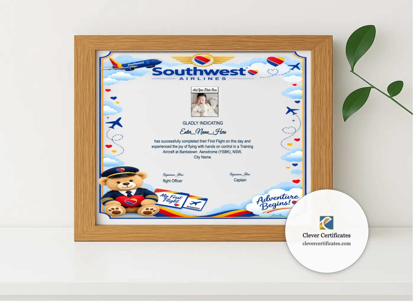 Realistic mockup featuring Southwest Airlines First Flight Certificate displayed within a modern frame, set against a minimalistic background.