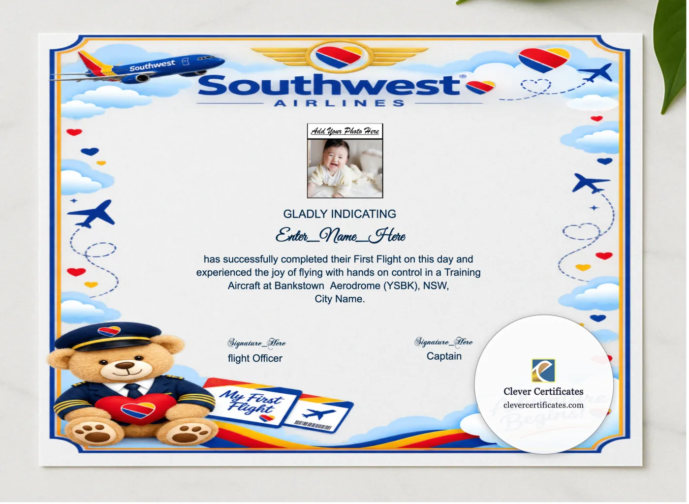 Southwest Airlines First Flight Certificate presented in a sleek wooden frame, elegantly arranged on a stylish table.