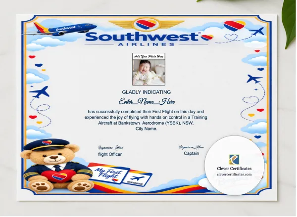 Southwest Airlines First Flight Certificate presented in a sleek wooden frame, elegantly arranged on a stylish table.