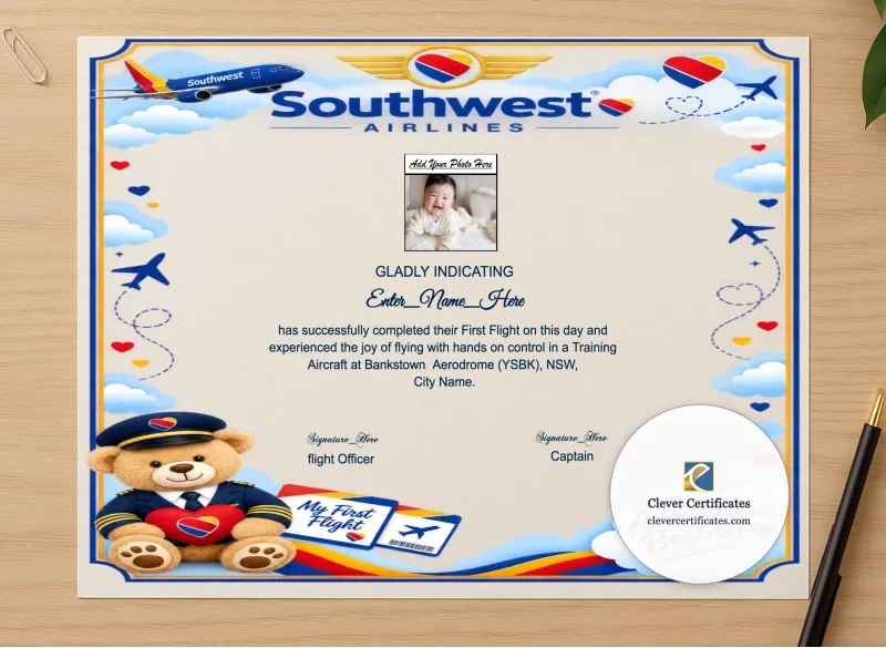 Professional preview of Southwest Airlines First Flight Certificate certificate on high-quality stationery paper, ideal for showcasing the final look.