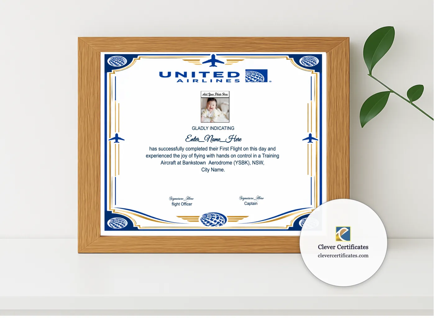 Realistic mockup featuring United Airlines First Flight Certificate displayed within a modern frame, set against a minimalistic background.