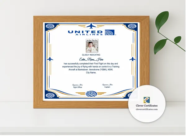 Realistic mockup featuring United Airlines First Flight Certificate displayed within a modern frame, set against a minimalistic background.