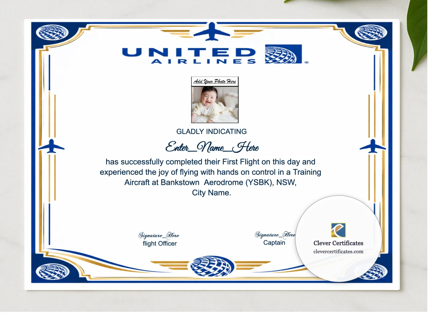 United Airlines First Flight Certificate presented in a sleek wooden frame, elegantly arranged on a stylish table.