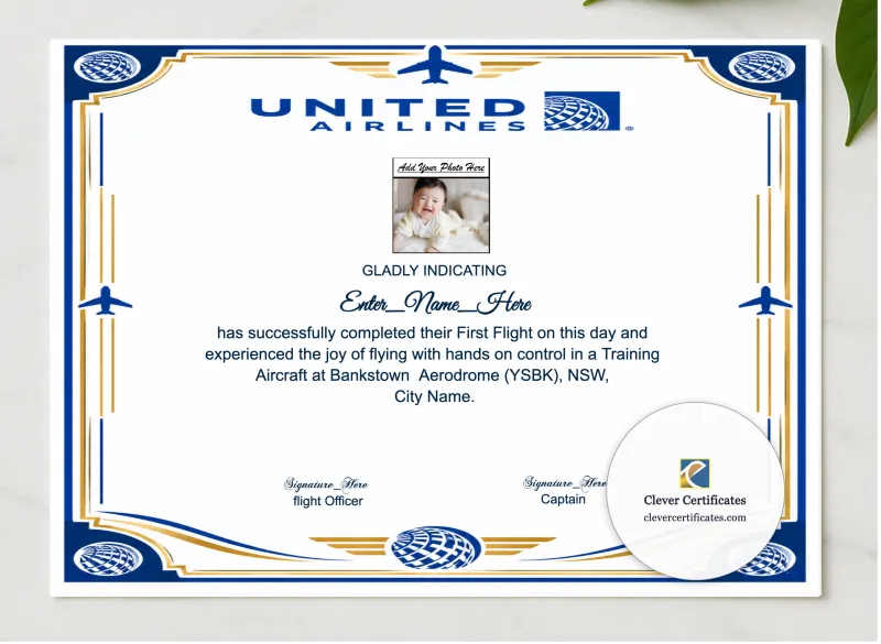 United Airlines First Flight Certificate presented in a sleek wooden frame, elegantly arranged on a stylish table.