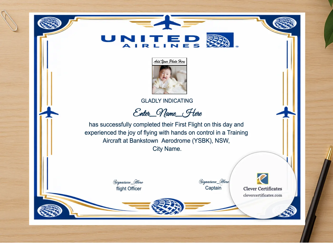 Professional preview of United Airlines First Flight Certificate certificate on high-quality stationery paper, ideal for showcasing the final look.