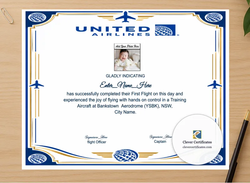 Professional preview of United Airlines First Flight Certificate certificate on high-quality stationery paper, ideal for showcasing the final look.