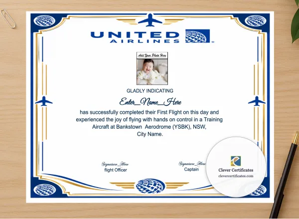 Professional preview of United Airlines First Flight Certificate certificate on high-quality stationery paper, ideal for showcasing the final look.