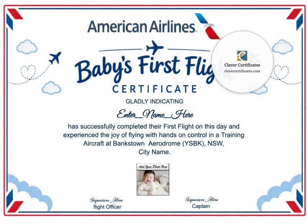 Printable American Airlines First Flight Certificate Template