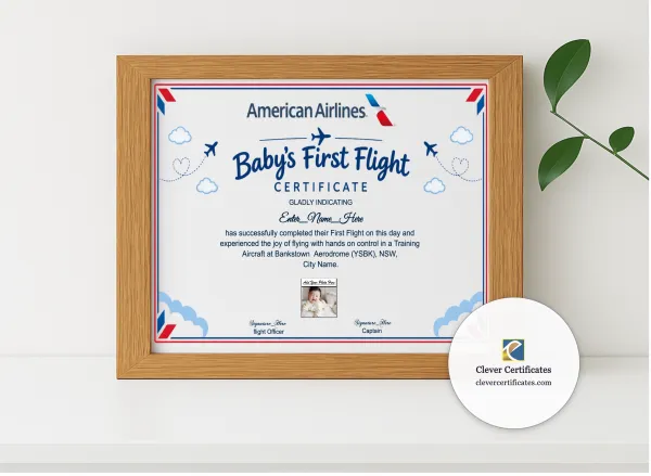 Realistic mockup featuring American Airlines First Flight Certificate displayed within a modern frame, set against a minimalistic background.