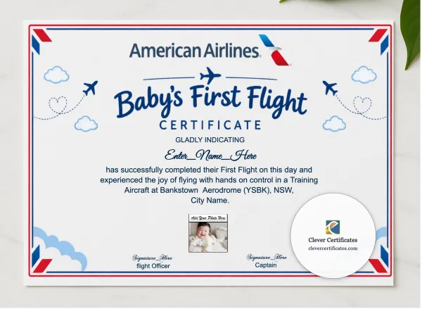 American Airlines First Flight Certificate presented in a sleek wooden frame, elegantly arranged on a stylish table.