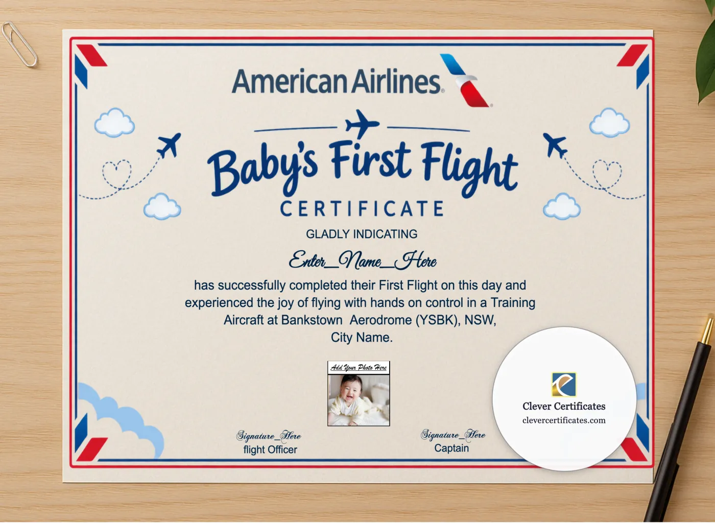 Professional preview of American Airlines First Flight Certificate certificate on high-quality stationery paper, ideal for showcasing the final look.