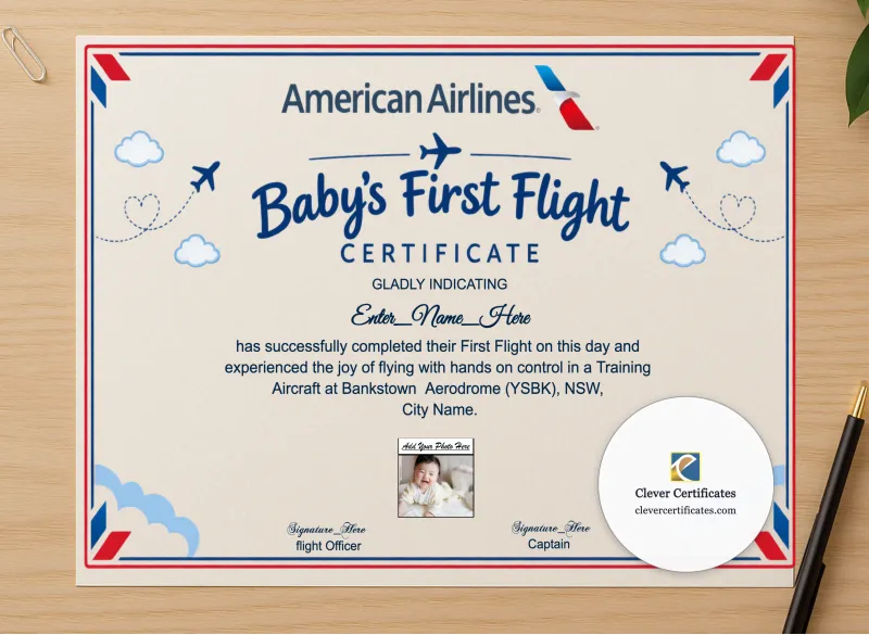 Professional preview of American Airlines First Flight Certificate certificate on high-quality stationery paper, ideal for showcasing the final look.
