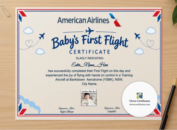 Professional preview of American Airlines First Flight Certificate certificate on high-quality stationery paper, ideal for showcasing the final look.