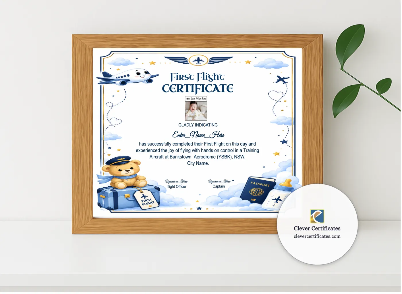 Realistic mockup featuring Airline First Flight Certificate displayed within a modern frame, set against a minimalistic background.