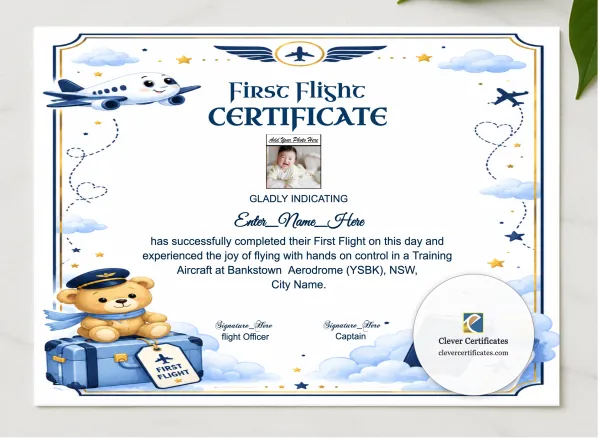 Airline First Flight Certificate presented in a sleek wooden frame, elegantly arranged on a stylish table.