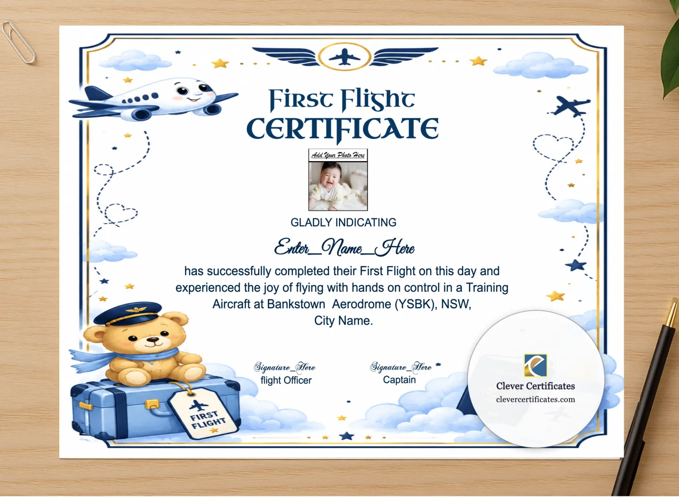 Professional preview of Airline First Flight Certificate certificate on high-quality stationery paper, ideal for showcasing the final look.