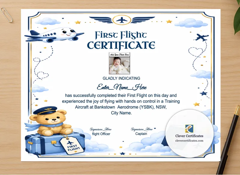 Professional preview of Airline First Flight Certificate certificate on high-quality stationery paper, ideal for showcasing the final look.