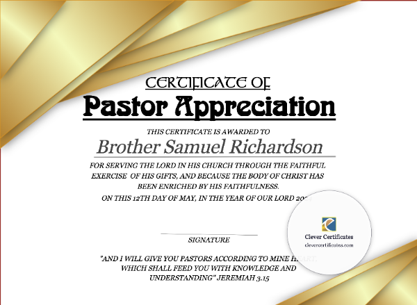 Free Certificate of Pastor Appreciation Template